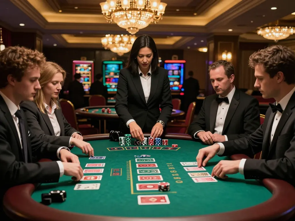 Experience high-stakes gameplay at 23win's luxurious blackjack table with professional players engaged in strategic betting.