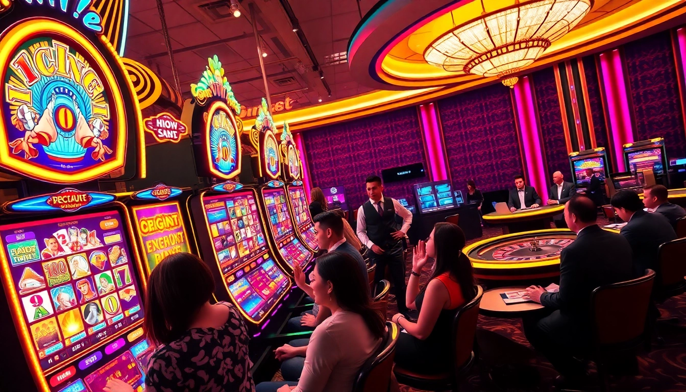Players celebrating wins on colorful slot gacor machines in a vibrant casino setting.
