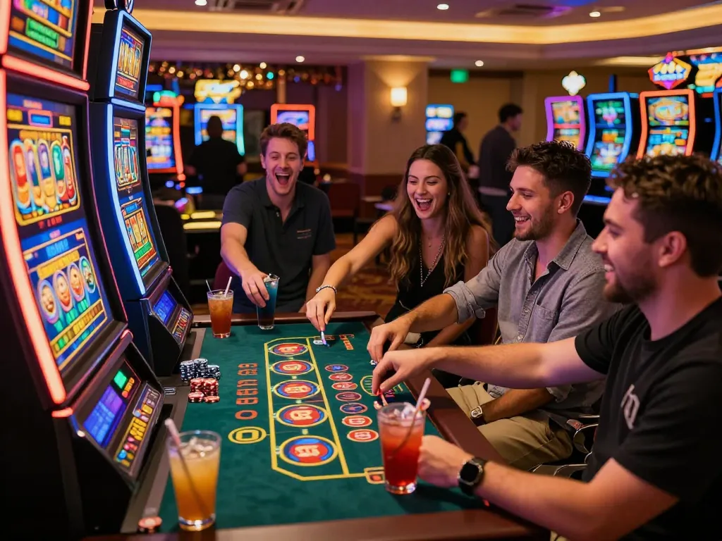 Friends enjoying a link slot machine at a lively casino.