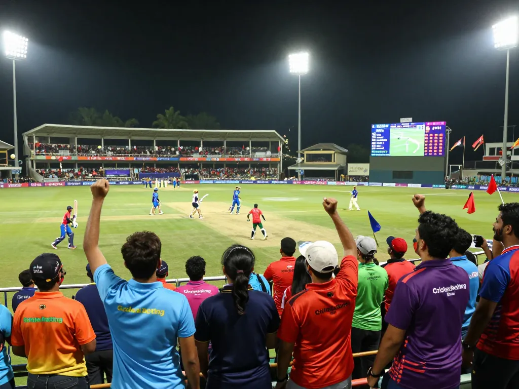Excited fans enjoying crickex betting at a T20 World Cup match with vibrant atmosphere and thrilling action.