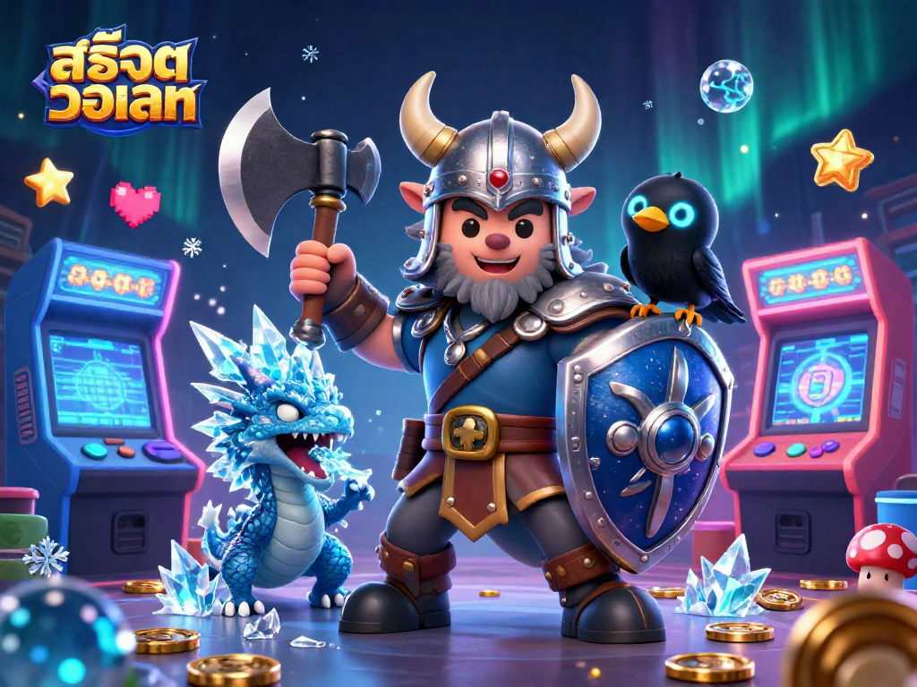 Experience the thrill of สล็อตวอเลท with a Viking warrior and dragon amid colorful arcade elements.