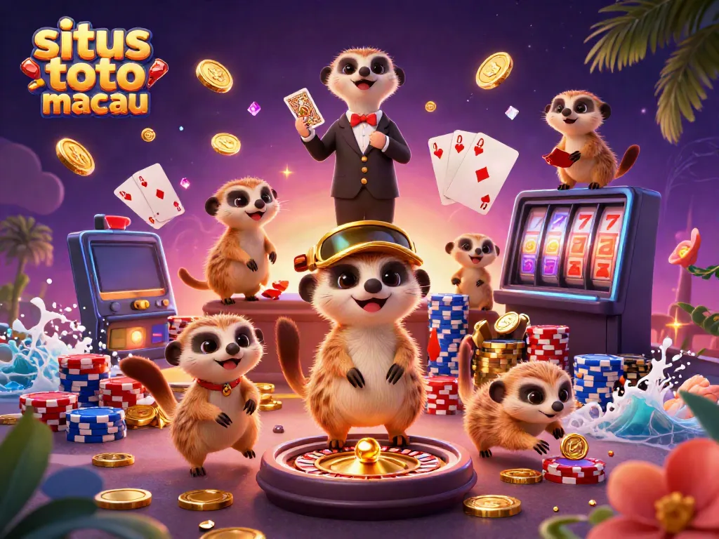 Gambarkan situs toto macau dengan koloni meerkat menangani operasi kasino di ilustrasi 3D yang dinamis.