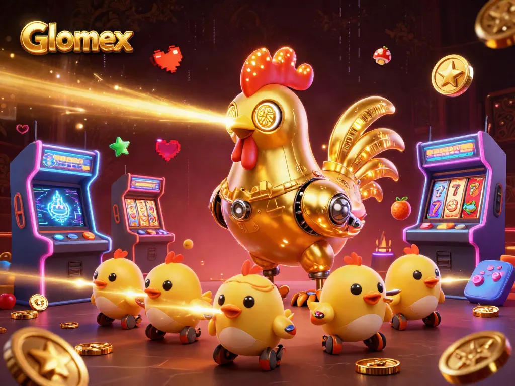 Engage with Glomex gaming excitement through vibrant casino elements and animated characters.