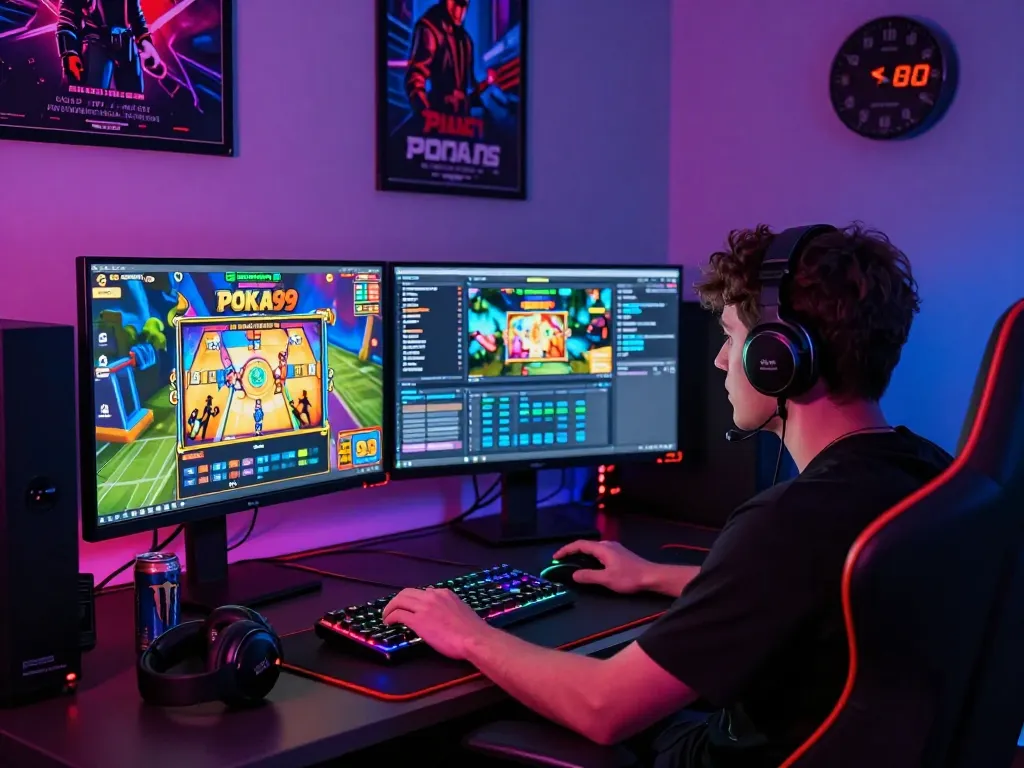 Pemain yang terlibat dalam permainan slot online POKA99, menunjukkan pengaturan gaming yang hidup.