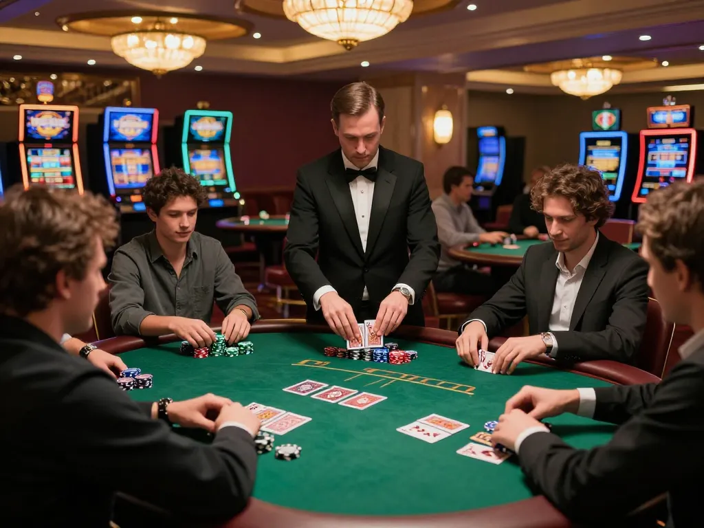 Poker table action featuring strategic gameplay at casinosscope with players engaged and a dealer in motion.