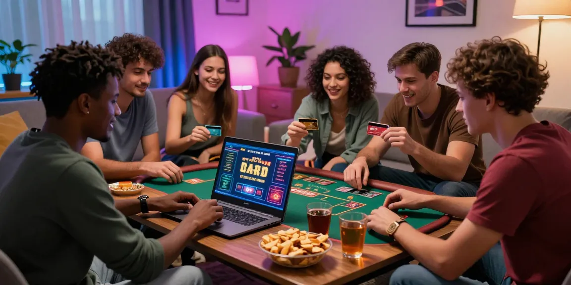 Exciting online gambling moment at https://crownwoods.org.uk, friends enjoying credit card casino games in a cozy setting.