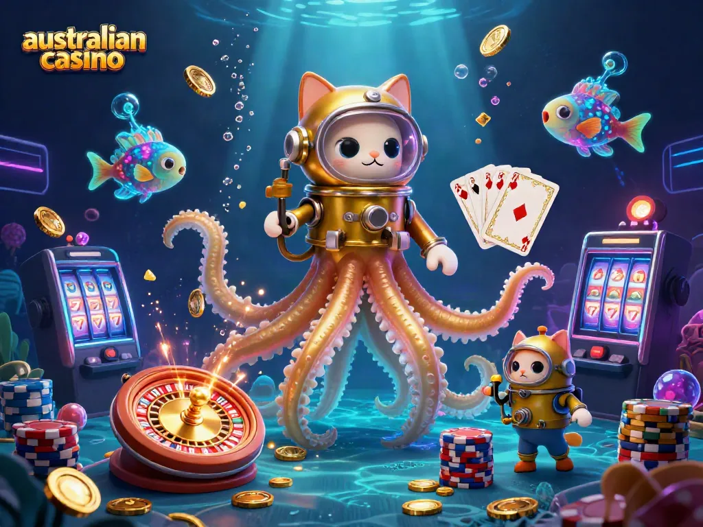 Experience the excitement of an australian casino with a kraken, diving cat, and treasure