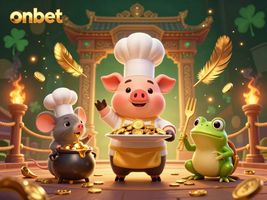 Engage in rich gaming experiences at onbet with a vibrant scene featuring cartoon characters and gold coins.