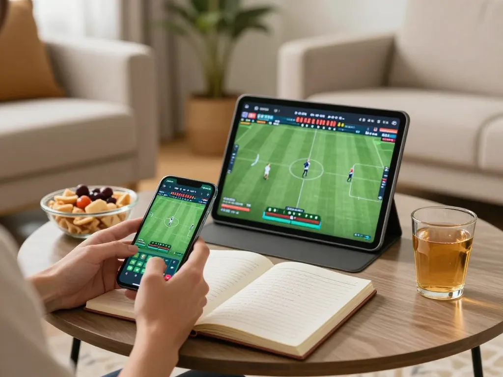 Betting on live games with 388bet app on smartphone in cozy living room setting.