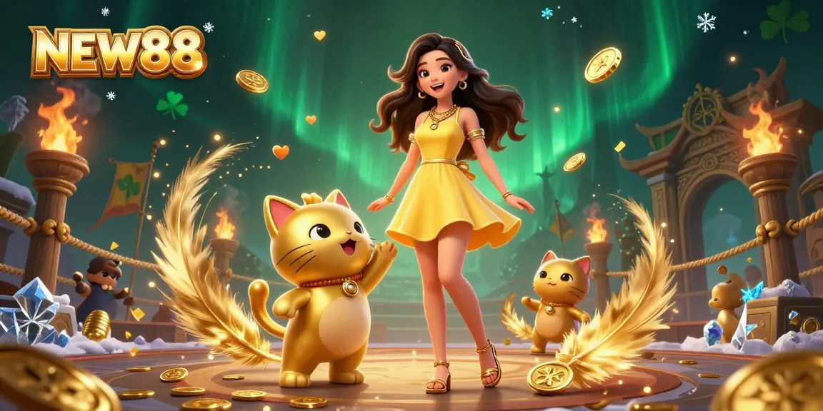 Experience winning moments at NEW88 with a cheerful woman and a lucky cat mascot amidst a vibrant casino scene.