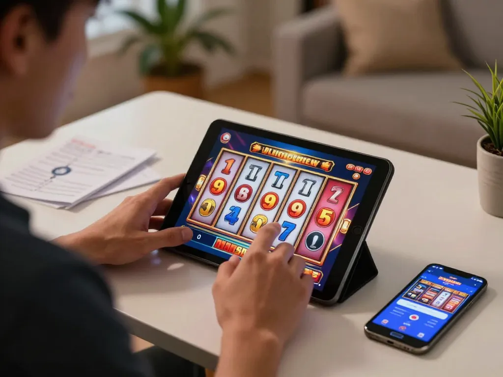 Play slots online with SpinAdvisor on a tablet, showcasing vibrant reels and strategies.