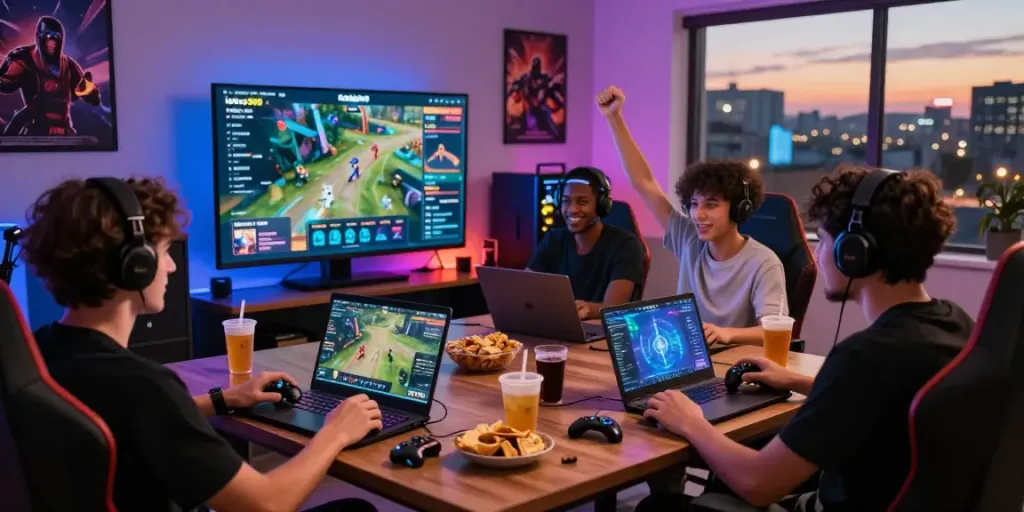 Friends enjoying gaming on lotus365 with lively atmosphere and snacks.