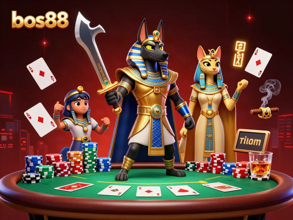 Engage in thrilling gameplay with bos88, featuring an epic scene of ancient gods and poker elements.