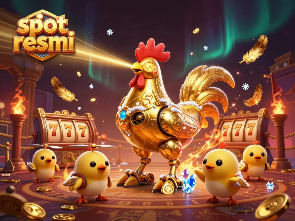 Experience thrilling gameplay at slot resmi with dynamic golden rooster robot and baby chick drones.