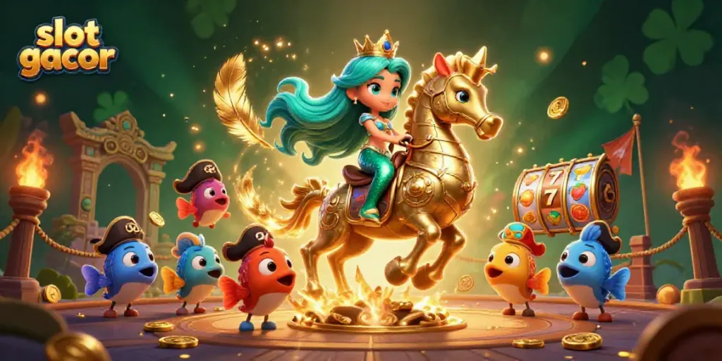 Experience slot gacor with a vibrant 3D illustration of a mermaid princess and seahorse amidst casino symbols and effects.