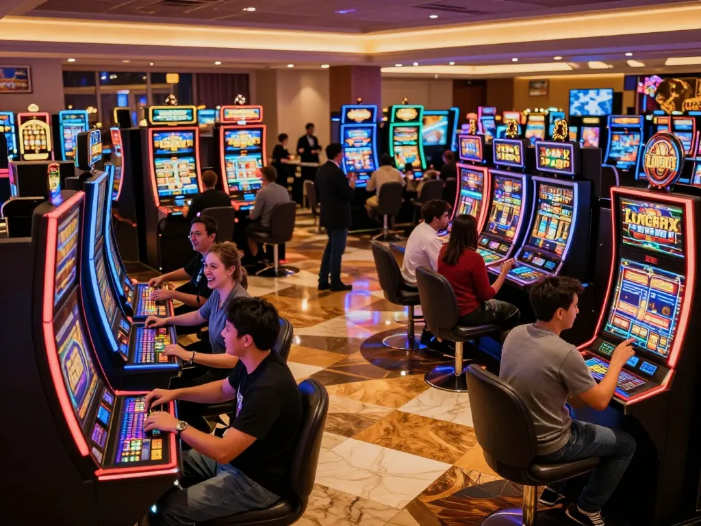 Players enjoying vibrant slot machines at LuckyIndex casino with excitement and energy.