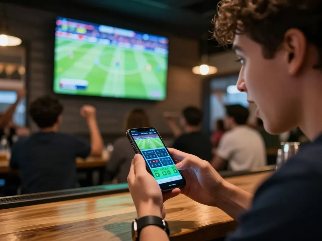 Betting enthusiast analyzing tỷ lệ bóng đá kèo nhà cái on smartphone while watching a live match.