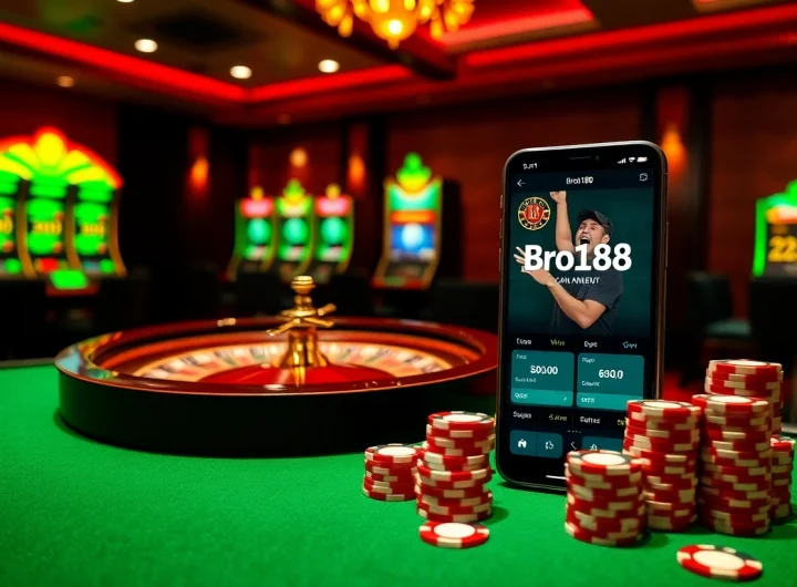 Winning excitement at Bro138 online gambling platform amidst vibrant casino visuals.