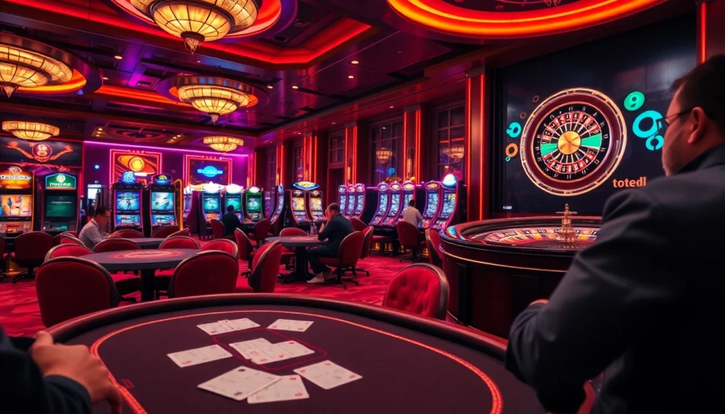 Experience the excitement of togel china with players at a luxury casino table amidst vibrant lights.