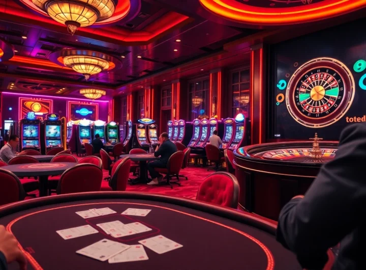 Experience the excitement of togel china with players at a luxury casino table amidst vibrant lights.