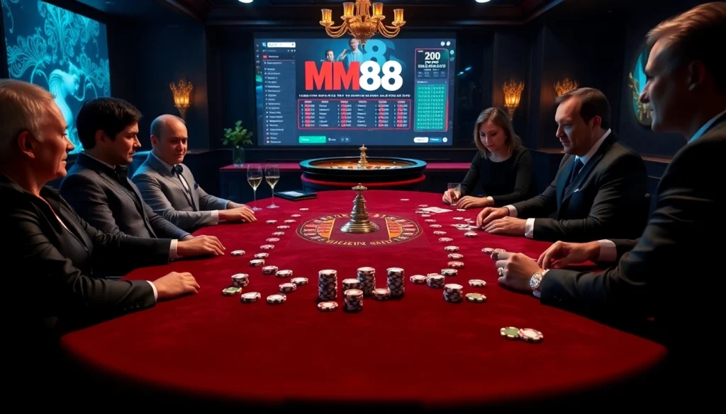 Engage in top-tier gameplay at MM88's luxurious casino with vibrant poker chips and roulette wheel.