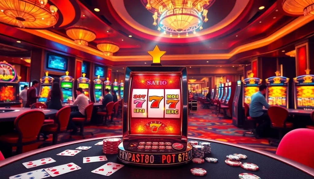 Exciting casino atmosphere featuring slot gacor hari ini with vibrant slot machines and focused players.