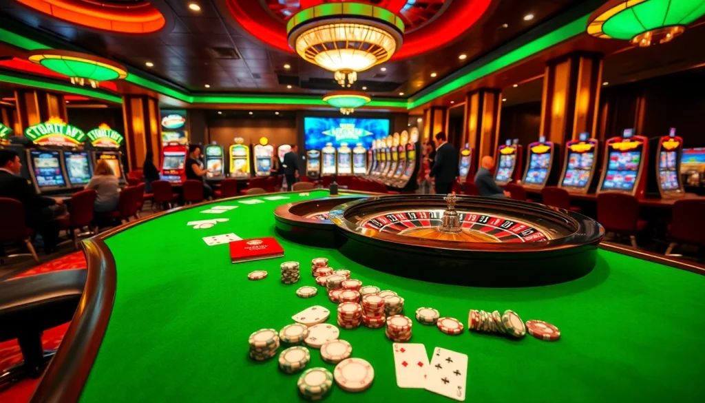 Dewaslot88 players enjoying an exciting casino atmosphere with vibrant slot machines and gaming tables.