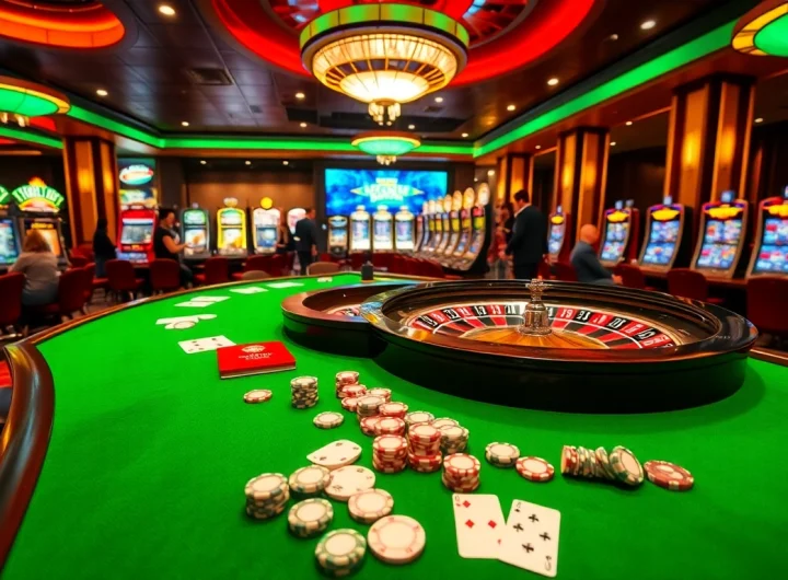 Dewaslot88 players enjoying an exciting casino atmosphere with vibrant slot machines and gaming tables.