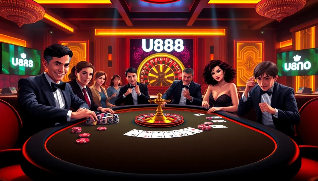 A vibrant casino scene showcasing the excitement of nhà cái U888 with poker gameplay and roulette.