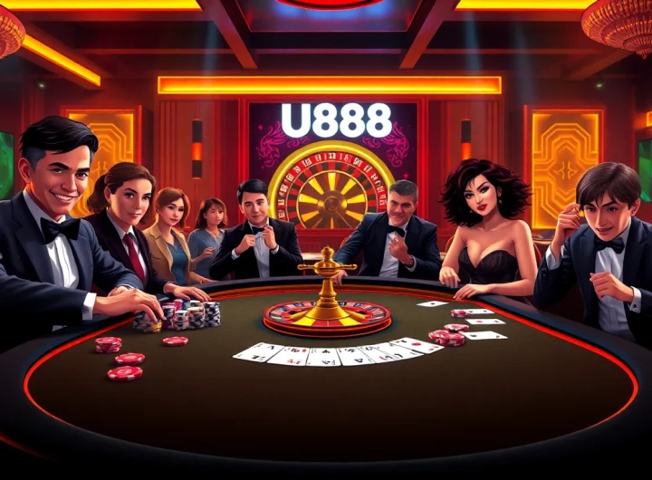 A vibrant casino scene showcasing the excitement of nhà cái U888 with poker gameplay and roulette.