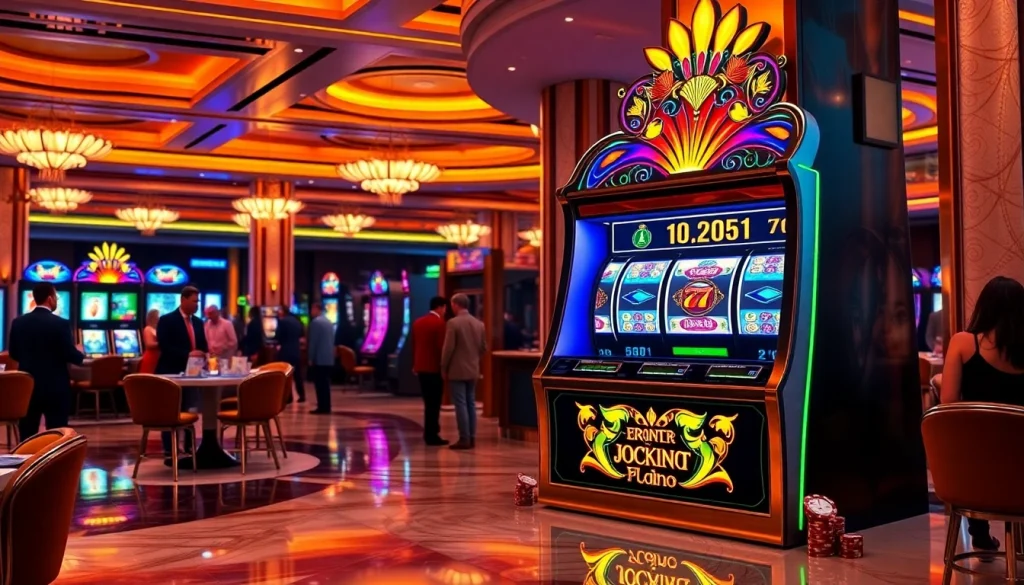 Experience the thrill of slot gacor hari ini with a vibrant casino slot machine scene showcasing engaged players.
