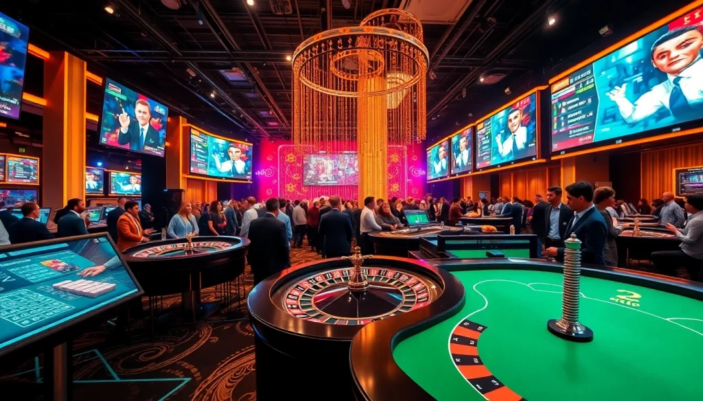 에볼루션 카지노 테이블과 디지털 화면이 있는 활기찬 온라인 환경