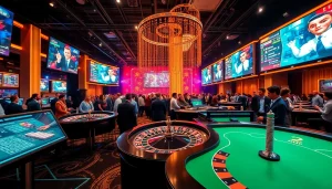 에볼루션 카지노 테이블과 디지털 화면이 있는 활기찬 온라인 환경