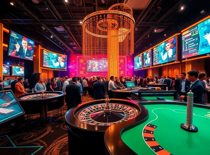 에볼루션 카지노 테이블과 디지털 화면이 있는 활기찬 온라인 환경