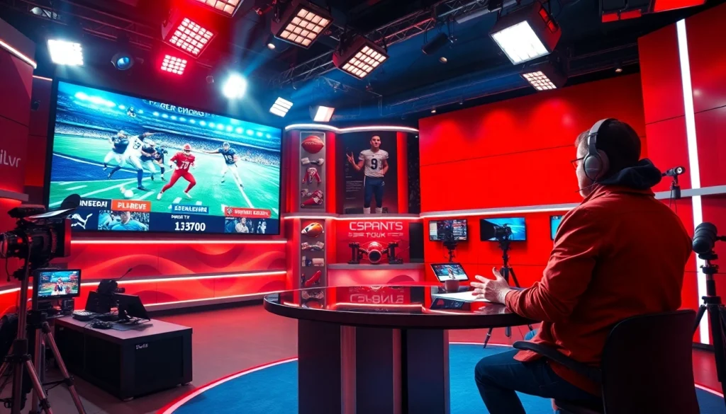 Engaging sports broadcasting studio showcasing vibrant graphics and a dynamic setup.
