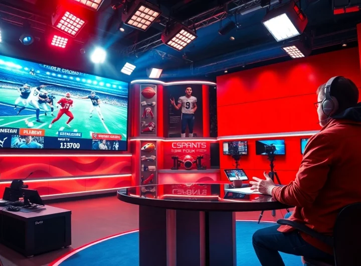 Engaging sports broadcasting studio showcasing vibrant graphics and a dynamic setup.