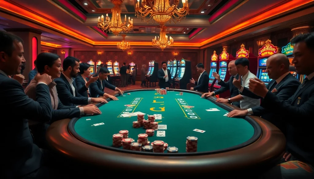 KJC poker chips and cards elevate an exciting casino atmosphere with eager players and vibrant slot machines.