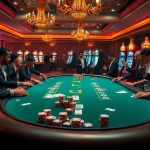 KJC poker chips and cards elevate an exciting casino atmosphere with eager players and vibrant slot machines.