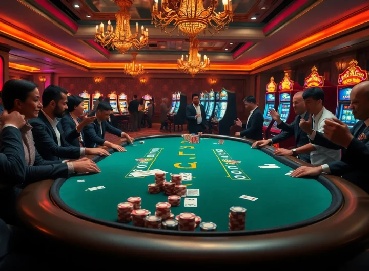 KJC poker chips and cards elevate an exciting casino atmosphere with eager players and vibrant slot machines.