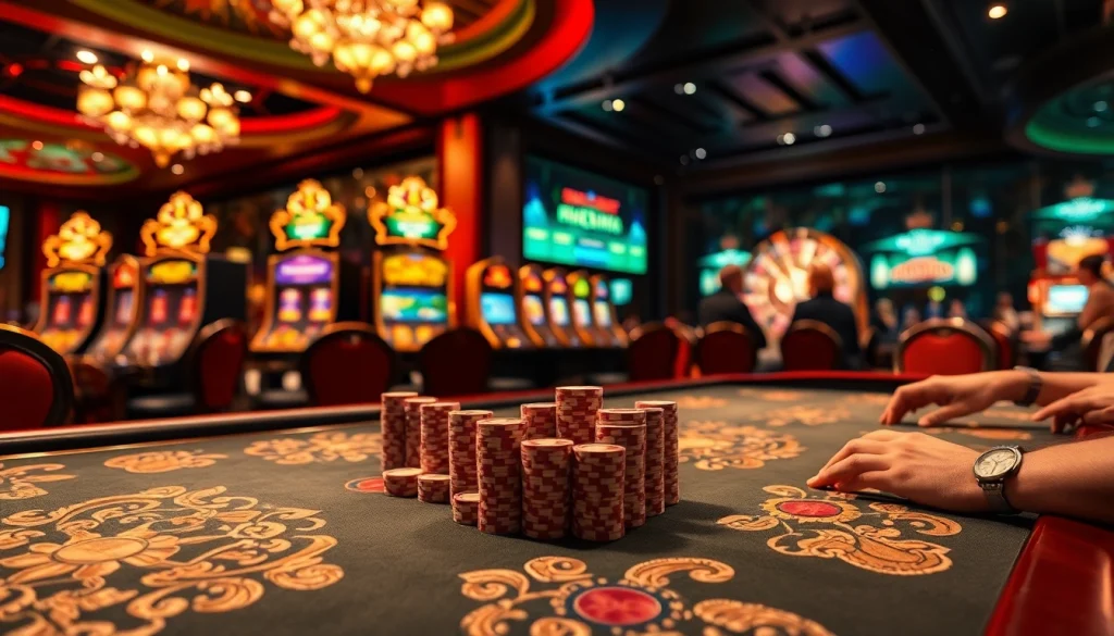 Players strategizing at a luxurious poker table in the vibrant 789win com casino setting.