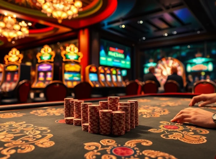 Players strategizing at a luxurious poker table in the vibrant 789win com casino setting.