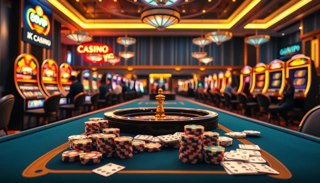 Experience thrilling gaming at 68VIP's luxurious casino tables adorned with vibrant poker chips and cards.