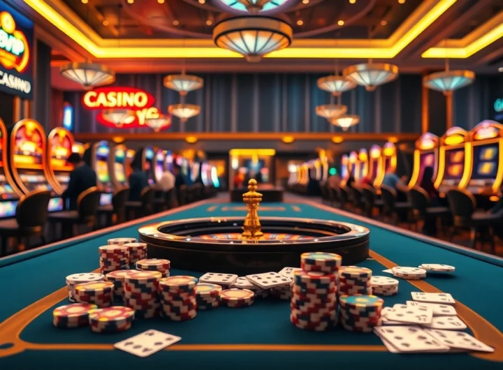 Experience thrilling gaming at 68VIP's luxurious casino tables adorned with vibrant poker chips and cards.