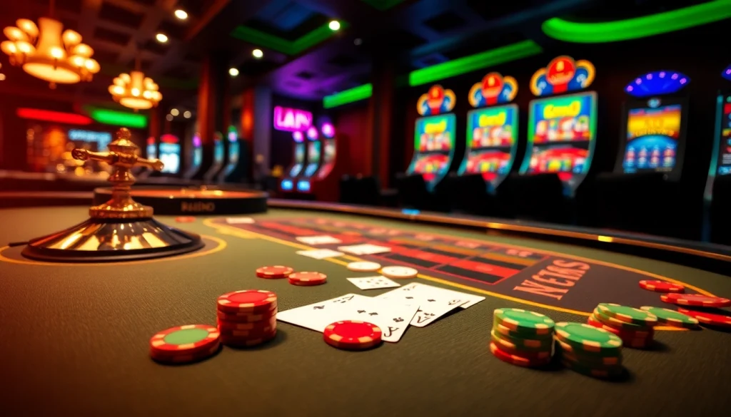 Engage in thrilling gameplay at https://luckywin.com.co/ with exciting poker chips and cards on a casino table.