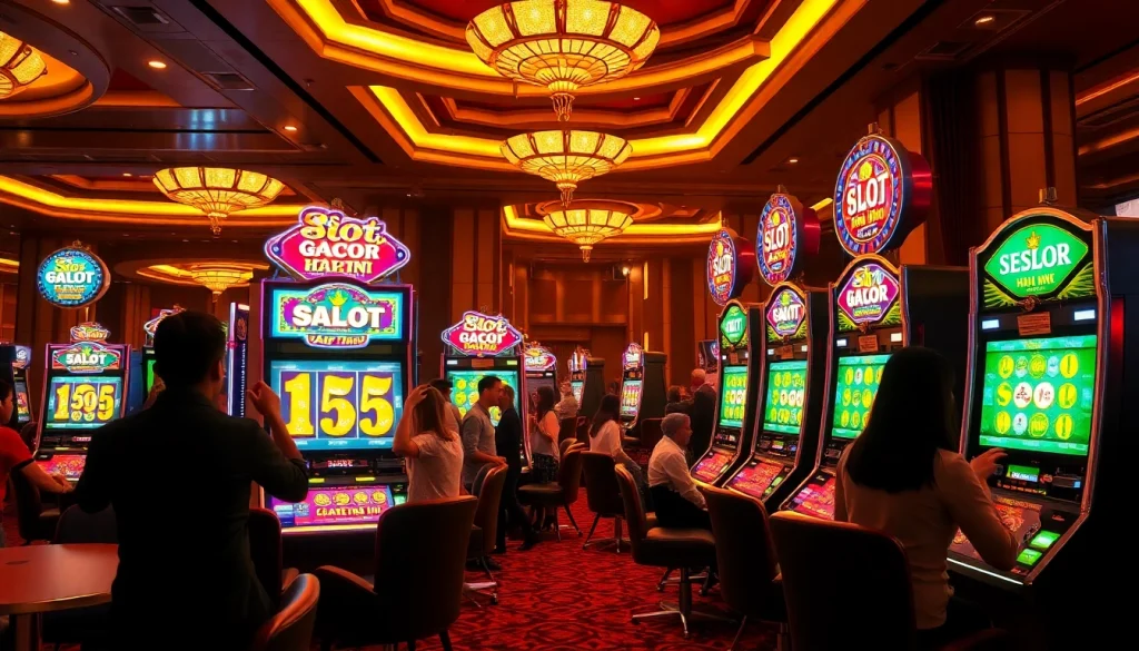Players enjoying exciting wins at vibrant slot machines featuring slot gacor hari ini theme.