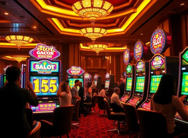Players enjoying exciting wins at vibrant slot machines featuring slot gacor hari ini theme.