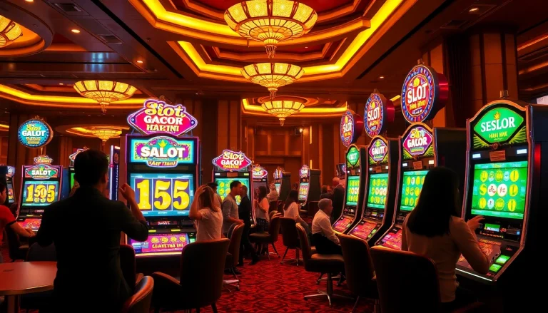 Players enjoying exciting wins at vibrant slot machines featuring slot gacor hari ini theme.