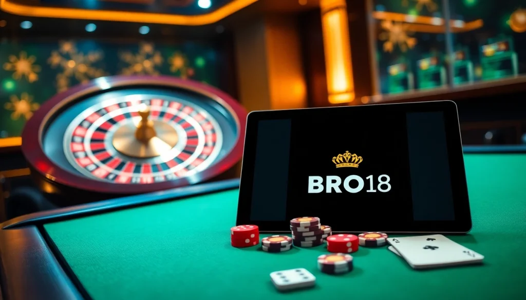 Experience thrilling gameplay with BRO138 at an elegant online casino, featuring roulette, cards, and bright casino visuals.