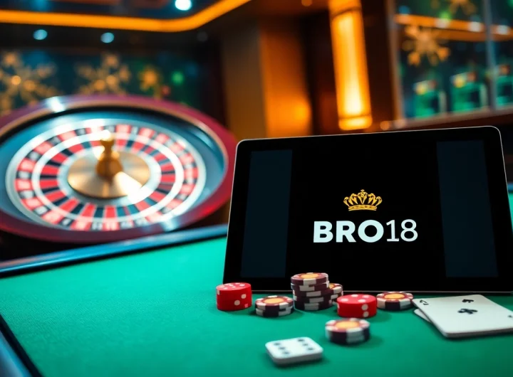 Experience thrilling gameplay with BRO138 at an elegant online casino, featuring roulette, cards, and bright casino visuals.