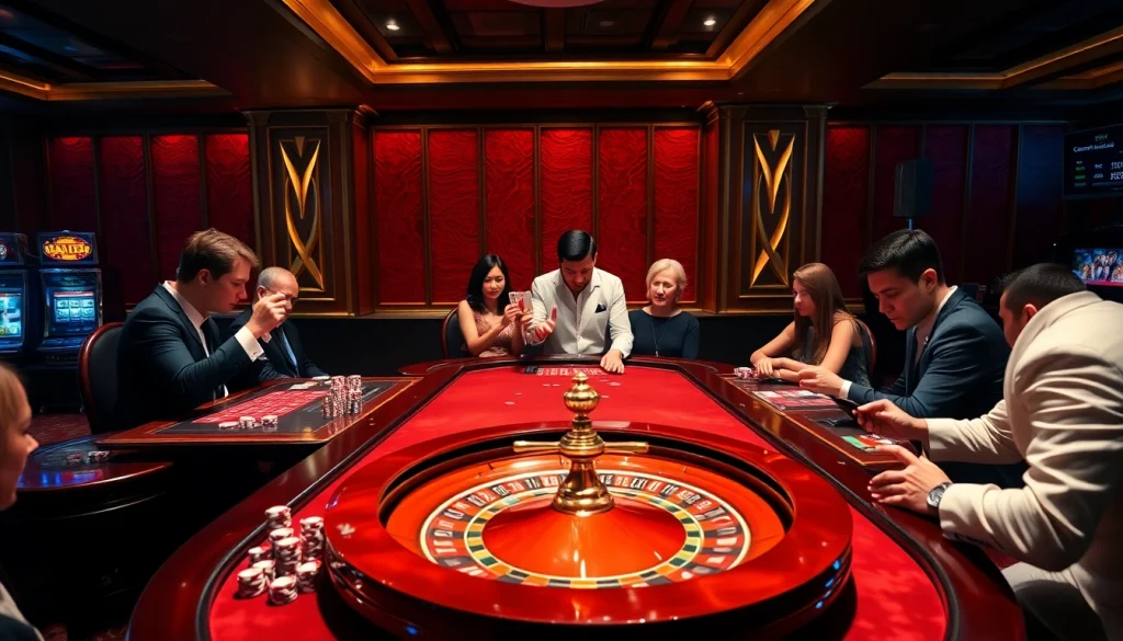 KJC players strategizing at a vibrant casino table, showcasing poker chips and a roulette wheel.